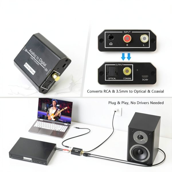 Analog to Digital Audio Converter, RCA L/R & 3.5mm Jack AUX to Coaxial/Optical Toslink SPDIF Audio Adapter, 48kHz/24bit PCM LPCM Stereo ADC, for TV/CD/Game Console/Soundbar/Headphone-6
