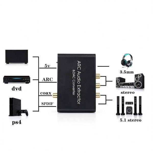 HDMI ARC Audio Extractor, Optical to RCA DAC (Digital to Analog) Convertor, Toslink/SPDIF/Fiber/Coaxial to 3.5mm Headphone Jack Adapter, 192Khz SR, for PS4+/TV/AMP/Soundbar Output-4